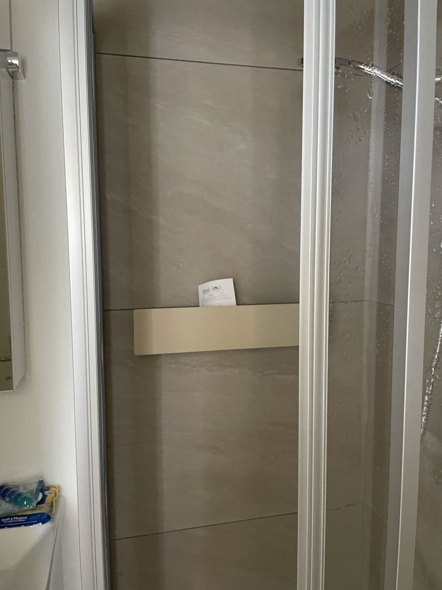Shower shelf, wall shelf and ceiling spots — detail